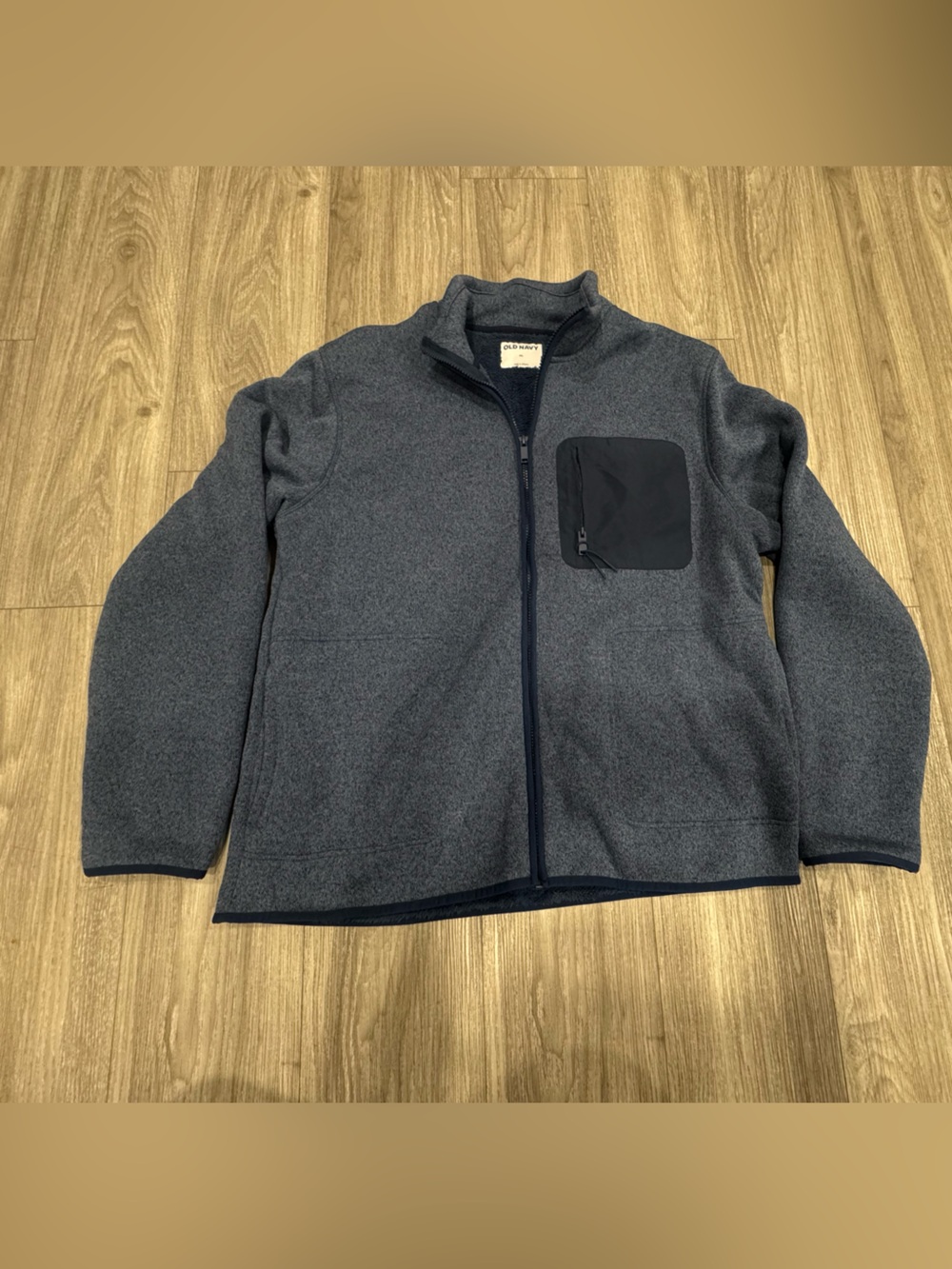 Old Navy Men's Dark Blue Zip-Up Sweater with Black Chest Pocket